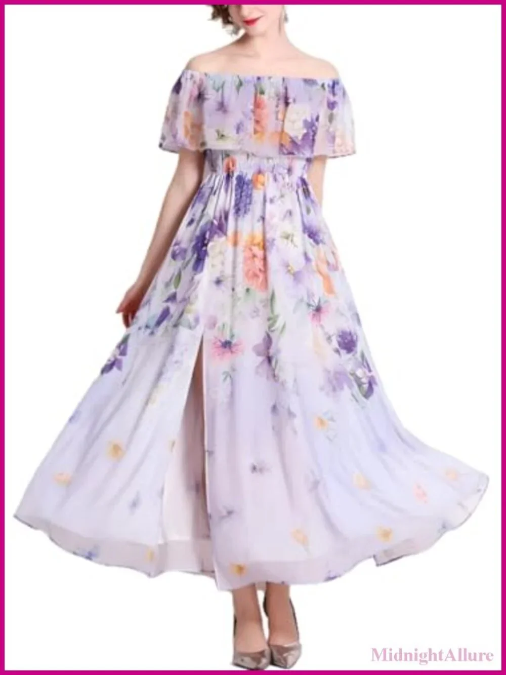 Chiffon Floral Off-Shoulder Maxi Dress - Women's Summer